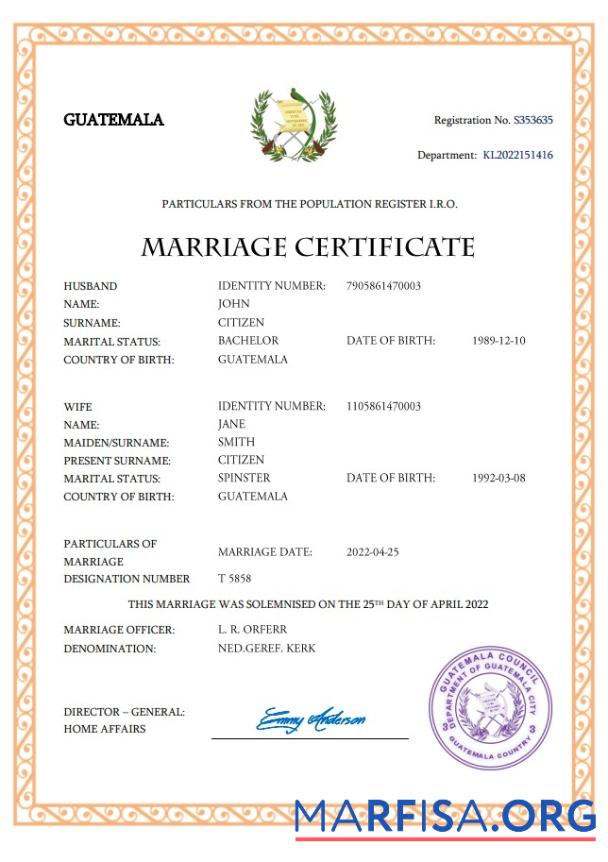 Realistic Guatemala marriage certificate Word and PDF template